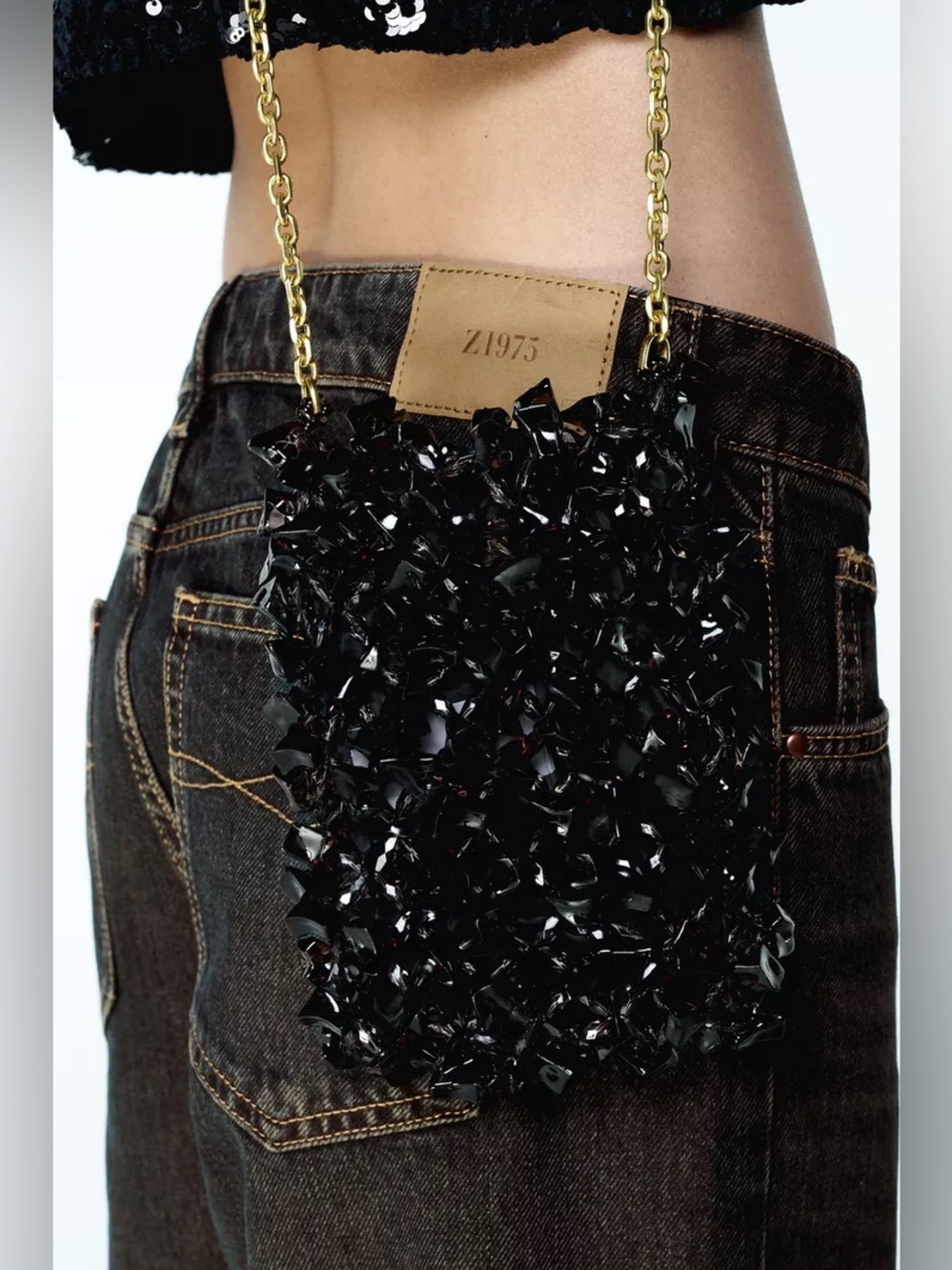 Zara Mini Beaded Bucket Bag Shiny Chain Crossbody Strap Black 6642/610/800
